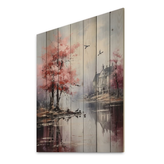 Designart "love Landscape Shades Of Pink Blue I" Floral Print on Natural Pine Wood