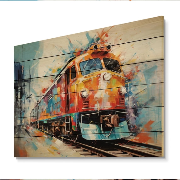 Designart "modern Train Vibrant Rails" Transportation Print on Natural Pine Wood