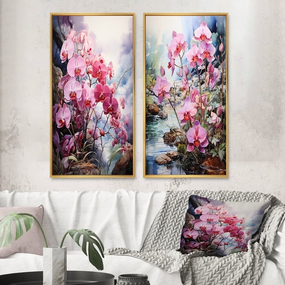 Designart "pasture Delicate Orchid Oasis II" Meadow Framed Wall Art Set Of 2 - Pink Landscapes Gallery Wall Frame Set For Home Decor