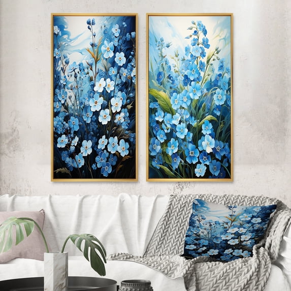 Designart "pasture Of Forgetmenots Flowers II" Meadow Framed Wall Art Set Of 2 - Blue Landscapes Framed Canvas Set For Living Room Decor