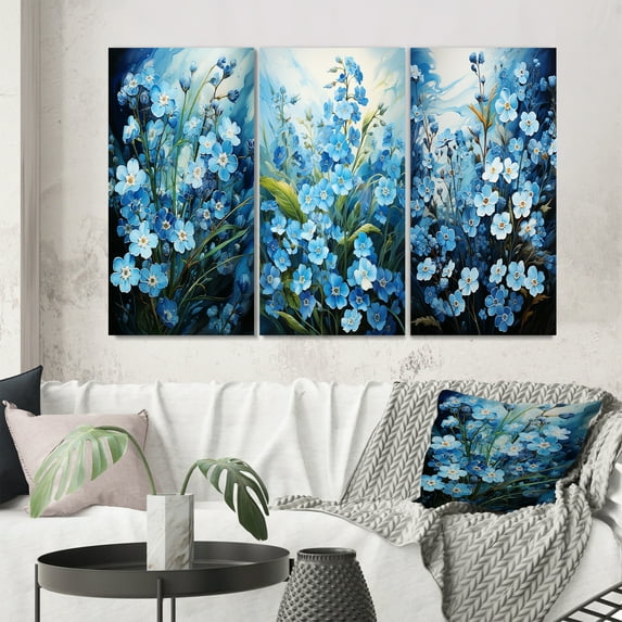 Designart "pasture Of Forgetmenots Flowers III" Floral & Botanical Wall Art Set Of 3 - Blue Meadow Gallery Wall Set For Home Decor