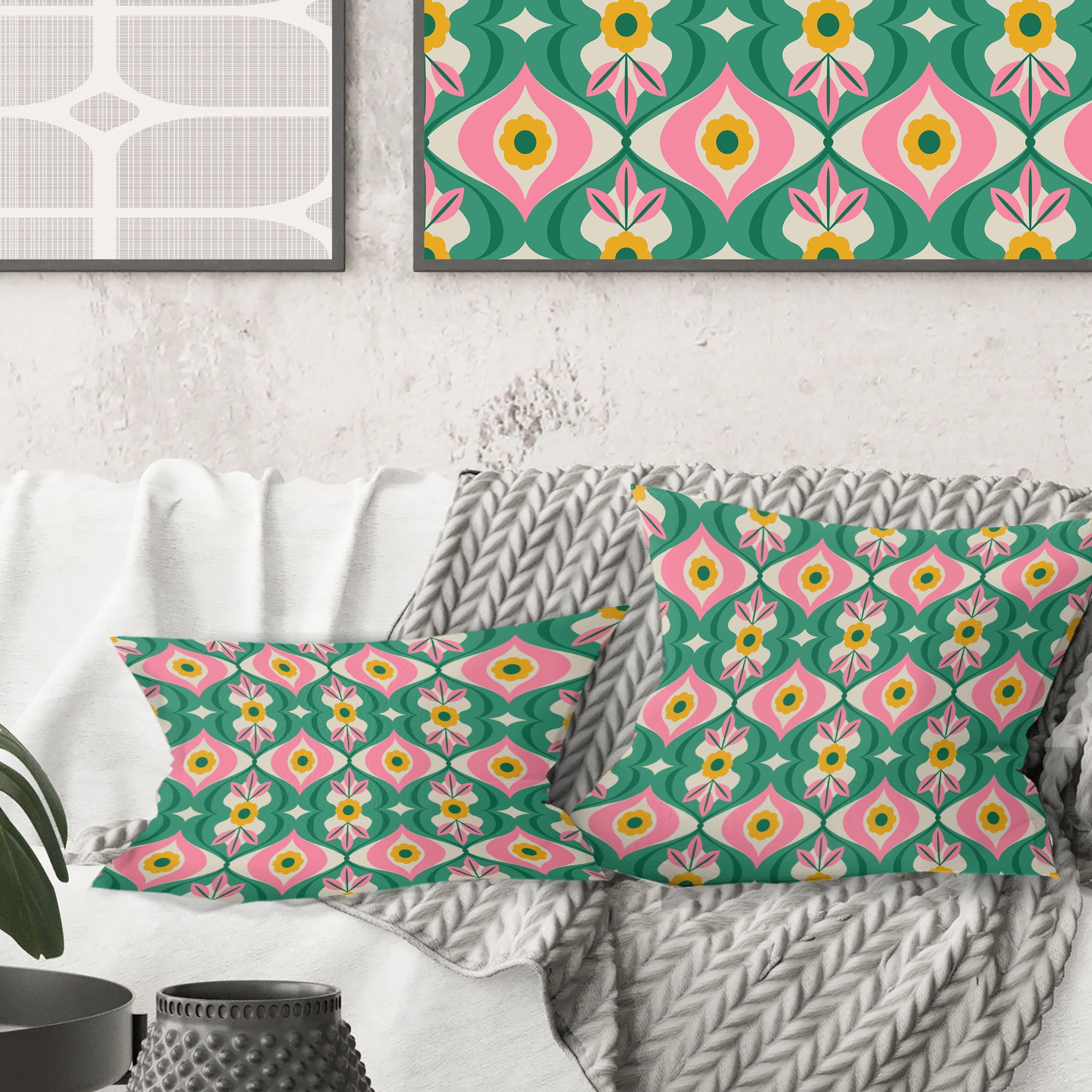 Designart retro pattern with flowers and leaves' Mid-Century Modern Throw Pillow - 16x16