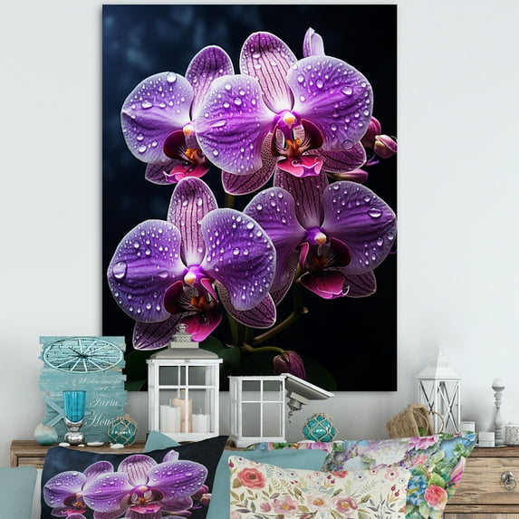 Designart "violet Flowers Radiant Orchids Black" Floral Wall Art Living Room