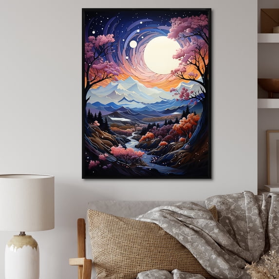 Designart "violet Navy Blue Mountains Majestic Heights Pointillism" Cottage Floater Framed Wall Art Living Room