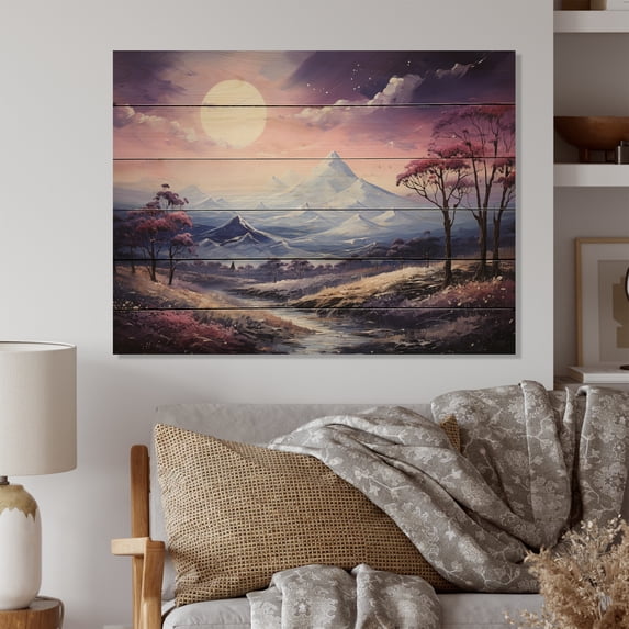 Designart "violet Pink Mountains Majestic Heights Pointillism I" Landscapes Print on Natural Pine Wood