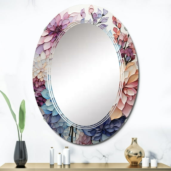 Designart "violet Tranquil Petals V" Abstract Round Wall Mirror - Modern Oval Printed Decorative Oversized Mirror - Multiple Color Options