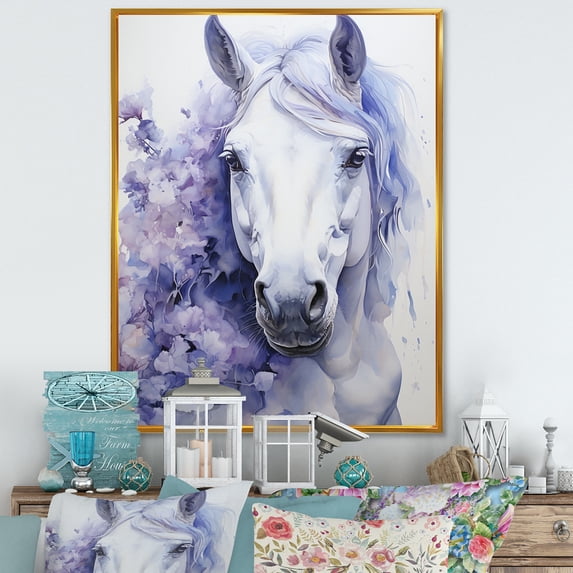Designart "violet White Horse Contours Pointillism" Animals Floater Framed Canvas Art Print