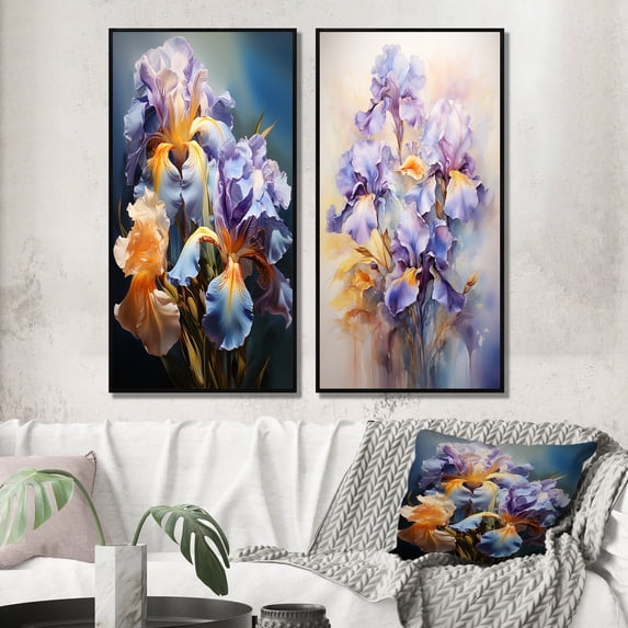 Designart "violet Yellow Iridescent Irises I" Irises Framed Wall Art Set Of 2 - Purple Floral Framed Canvas Set For Living Room Decor