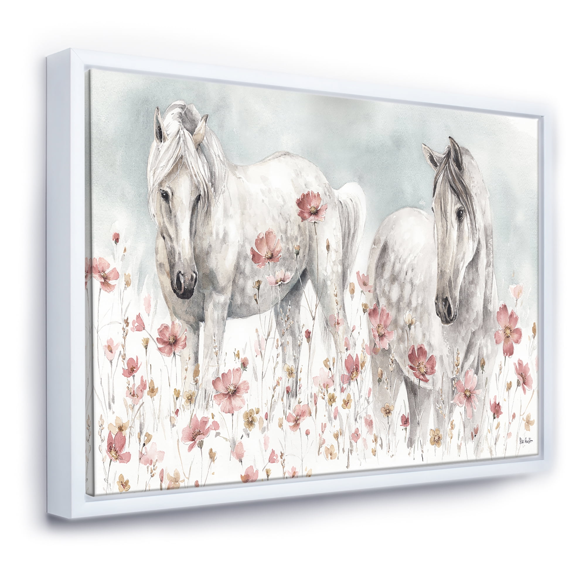 Designart ' watercolors Pink Wild Horses ' Farmhouse Framed Canvas