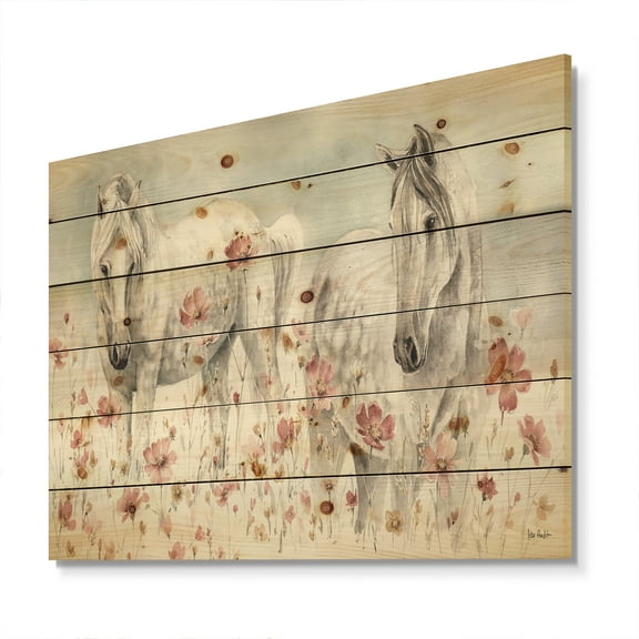Designart 'watercolors Pink Wild Horses ' Farmhouse Print on Natural Pine Wood