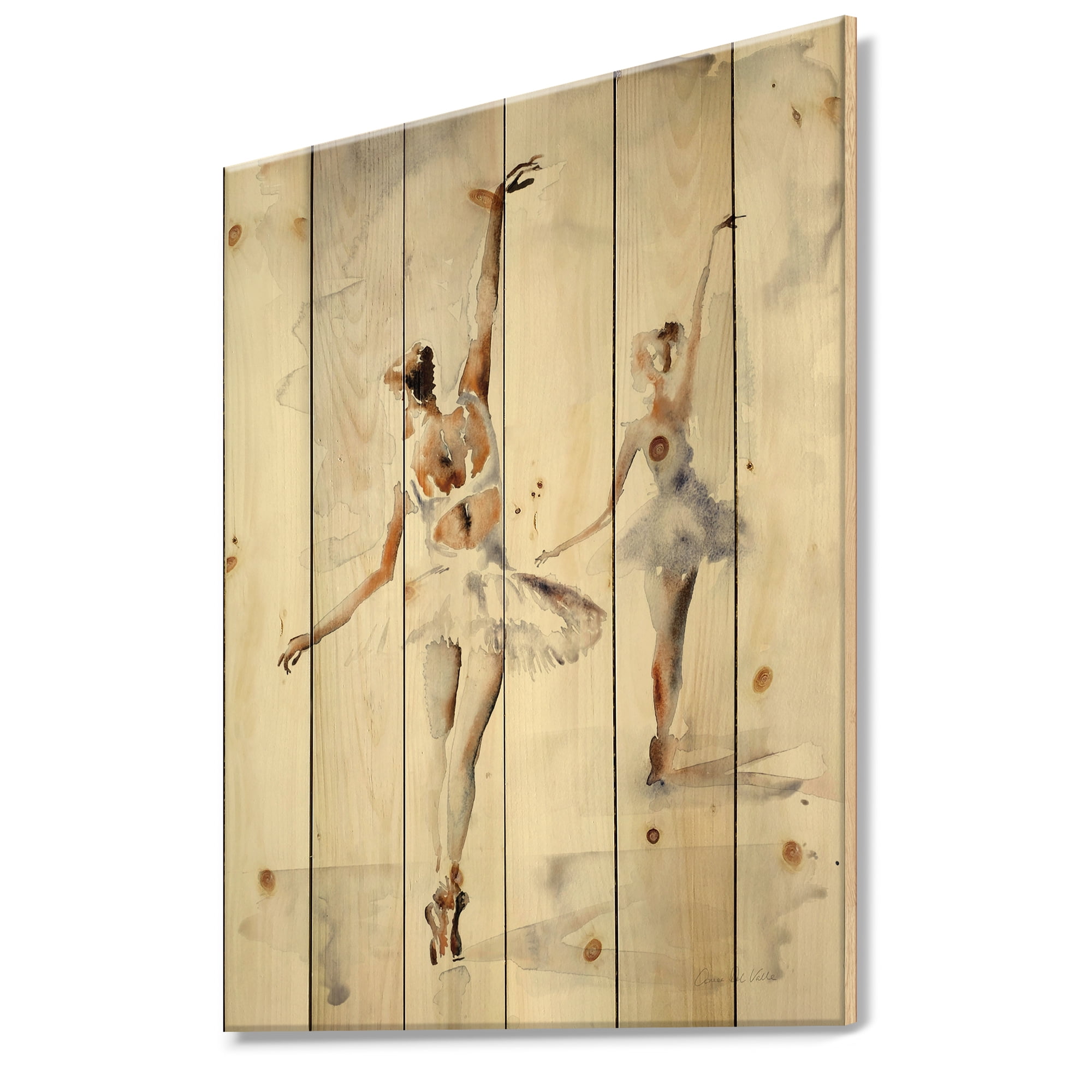 Designart 'watercolors Women Ballerinas Dance' French Country Print on Natural Pine Wood