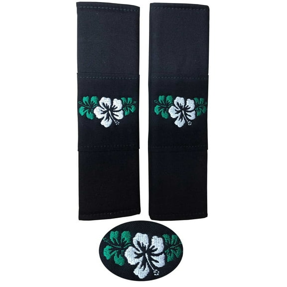 Designcovers A set(2 pcs) Cotton Black With Whtie-Green Hibiscus Flowers Design Universal Car Safety Seat Belt Strap Cover Shoulder Pad / Cushion, Fits any Car