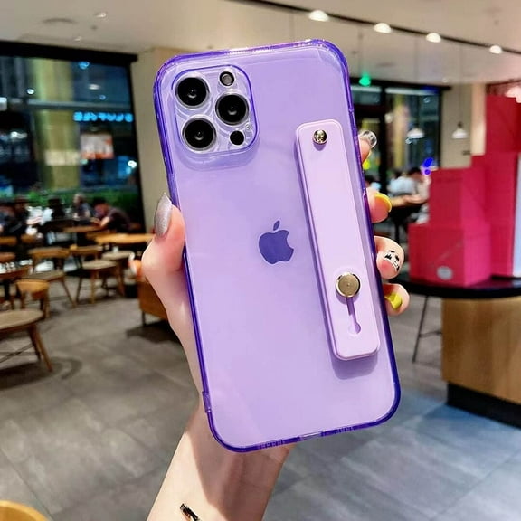 Designed for 6.1-inch iPhone 14 Pro Case with Strap Holder Stand - Slim Soft Clear Full Body Protective Cover with Adjustable Finger Loop Hand Strap for Women Girls, Purple