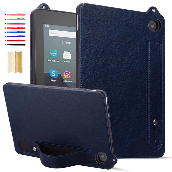 Designed for Amazon Kindle Fire HD8 / HD8 Plus 2020/2022/2024 Premium PU Leather + TPU Back Case, Vintage Wristband Kickstand Shockproof Anti-drop Ultra Slim Tablet Cover for Men Women - Blue
