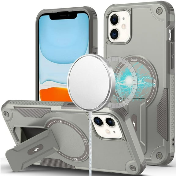 Designed for Apple iPhone 11 (6.1") Magnetic Invisible Kickstand Holder with Magsafe, Slim Fit Shockproof Hybrid Military Grade Heavy Duty Phone Case Cover [Gray]