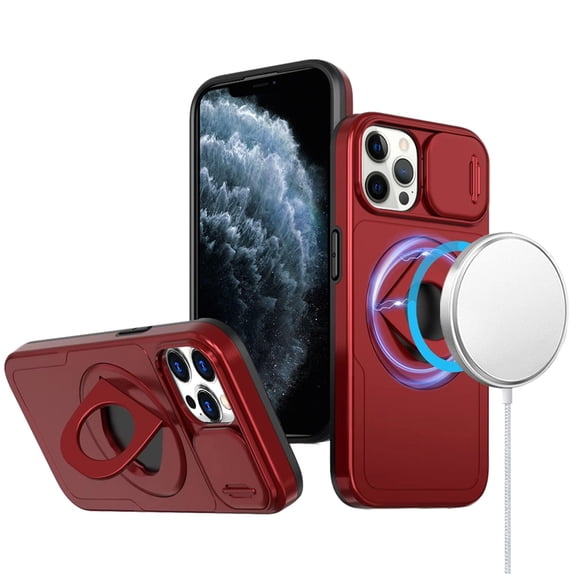 Designed for Apple iPhone 11 Pro Max Full Coverage with Camera Window, Magnetic Circle, Rotatable Ring Stand, MagSafe Compatible, Shockproof Hybrid Protectiv Phone Case Cover - Red