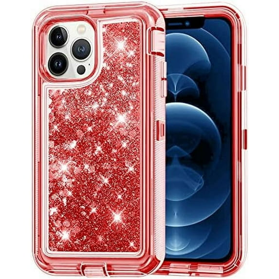 Designed for Apple iPhone 12 Heavy Duty Case, Heavy Duty Glitter Case for Girls Women Liquid Bling Sparkle Shining Glitter Luxury Shockproof Phone Case Cover for Apple iPhone 12,Red