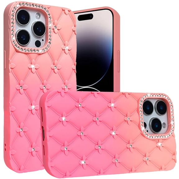 Designed for Apple iPhone 12 Pro Max (6.7") Fashion Flower Design Sparkle Glitter Shimmer Rhinestone Bling Leather Feel Thick TPU Rubber Hard PC Phone Case Cover - Orange /Pink