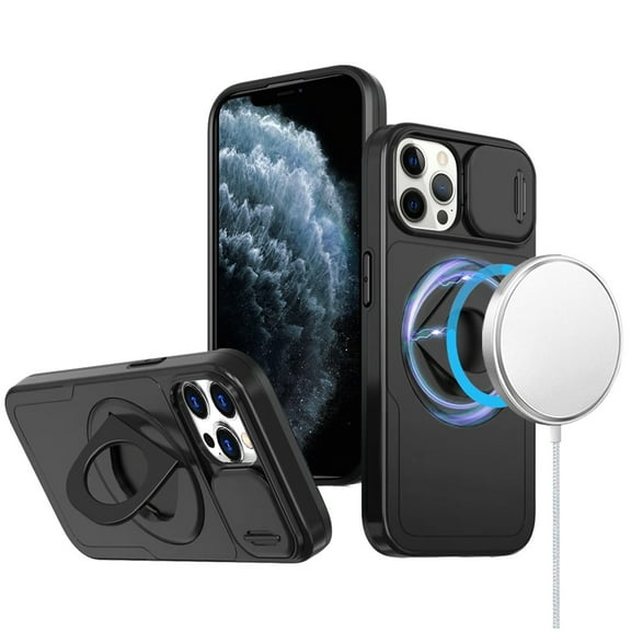 Designed for Apple iPhone 12 Pro Max Full Coverage with Camera Window, Magnetic Circle, Rotatable Ring Stand, MagSafe Compatible, Shockproof Hybrid Protectiv Phone Case Cover - Black