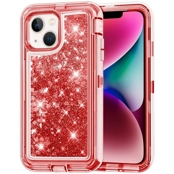 Designed for Apple iPhone 13 Heavy Duty Case, Heavy Duty Glitter Case for Girls Women Liquid Bling Sparkle Shining Glitter Luxury Shockproof Phone Case Cover for Apple iPhone 13,Red