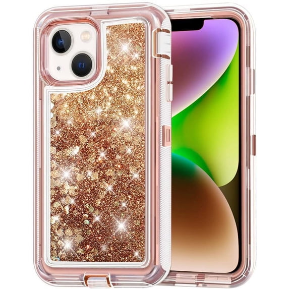 Entronix Heavy Duty Case Compatible with iPhone 13, Liquid Glitter Back Cover, Rose