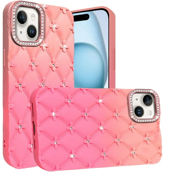 Designed for Apple iPhone 14 / iPhone 13 (6.1") Fashion Flower Design Sparkle Glitter Shimmer Rhinestone Bling Leather Feel Thick TPU Rubber Hard PC Phone Case Cover - Orange /Pink