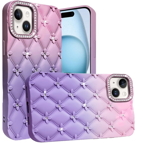 Designed for Apple iPhone 15 Fashion Flower Design Sparkle Glitter Shimmer Rhinestone Bling Floral Accents, Leather Texture TPU Phone Case Cover - Light Pink /Light Purple