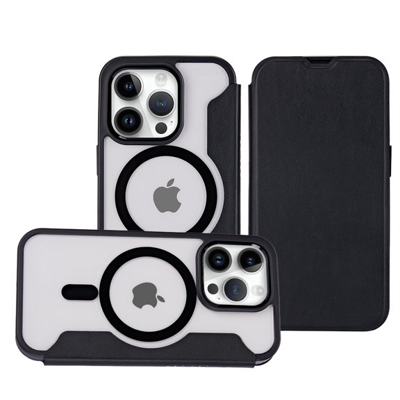 Designed for Apple iPhone 15 (6.1") Folio Transparent Flap Hybrid Clear TPU Back Hard [Magnetic Circle] Compatible with Magsafe Phone Case Cover [Black]