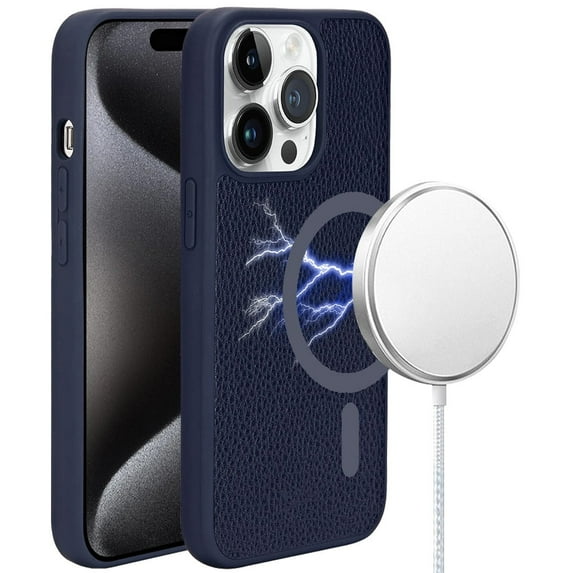 Designed for Apple iPhone 15 (6.1") Slim Vintage PU Leather [Magnetic Circle] Compatible with MagSafe Soft TPU Bumper Hard PC Hybird Phone Case Cover [Blue]