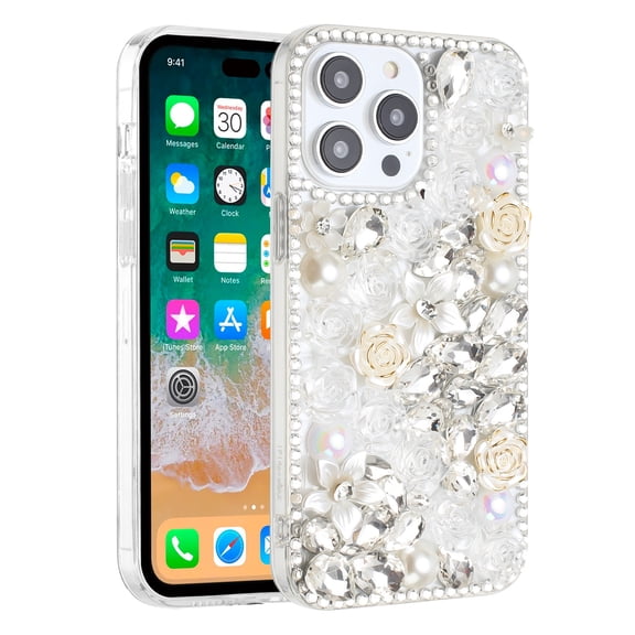 Designed for Apple iPhone 15 Plus (6.7") Fashion Rose Flower Floral Bling Crystal 3D Full Diamonds Pearl Sparkle Rhinestone Glitter Hybrid Phone Case Cover [Clear]