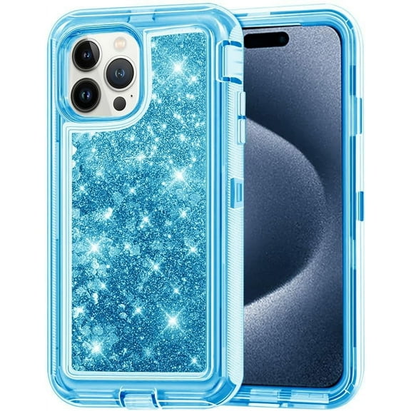 Designed for Apple iPhone 15 Pro Heavy Duty Case, Heavy Duty Glitter Case for Girls Women Liquid Bling Sparkle Shining Glitter Luxury Shockproof Phone Case Cover for Apple iPhone 15 Pro,Blue