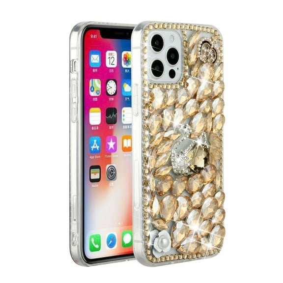 Designed for Apple iPhone 15 Pro Max (6.7") Bling Crystal 3D Full Diamonds Luxury Sparkle Rhinestone Hybrid Protective Phone Case Cover [Gold Swan Crown Pearl]