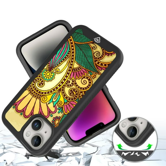 Designed for Apple iPhone 15 Pro Max Exotic Design Fashion Hybrid Dual Layer Rugged Bumper Frame Hybrid Shockproof Rubber Defender Phone Case Cover [Antique Flower]