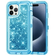 Designed for Apple iPhone 15 Pro Max Heavy Duty Case, Heavy Duty Glitter Case for Girls Women Liquid Bling Sparkle Shining Glitter Luxury Shockproof Phone Case Cover for Apple iPhone 15 Pro Max,Blue