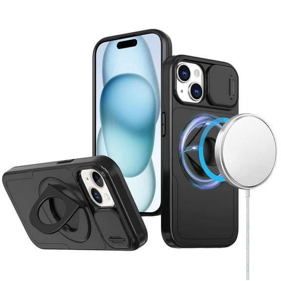 Designed for Apple iPhone 16 Plus (6.7") Full Coverage with Camera Window, Magnetic Circle, Rotatable Ring Stand, MagSafe Compatible, Shockproof Hybrid Protectiv Phone Case Cover - Black