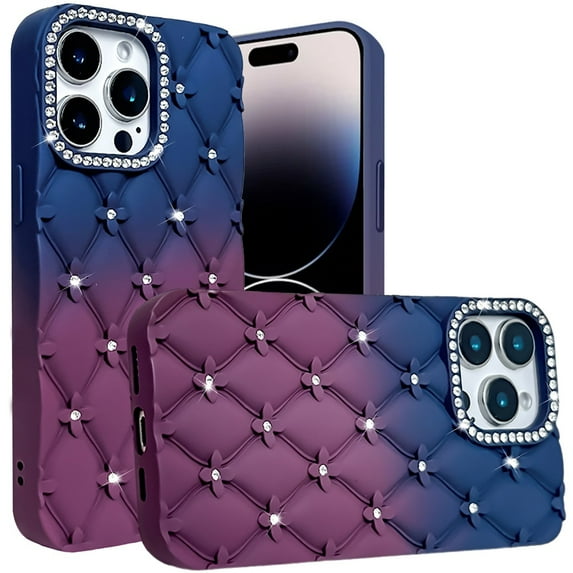 Designed for Apple iPhone 16 Pro Max (6.9") Fashion Flower Design Sparkle Glitter Shimmer Rhinestone Bling Leather Feel Thick TPU Rubber Hard PC Phone Case Cover - Dark Blue /Burgundy