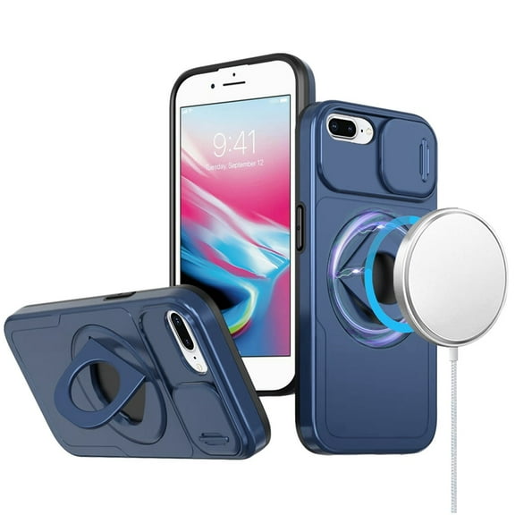 Designed for Apple iPhone 8 Plus /7 Plus Full Coverage with Camera Window, Magnetic Circle, Rotatable Ring Stand, MagSafe Compatible, Shockproof Hybrid Protectiv Phone Case Cover - Blue