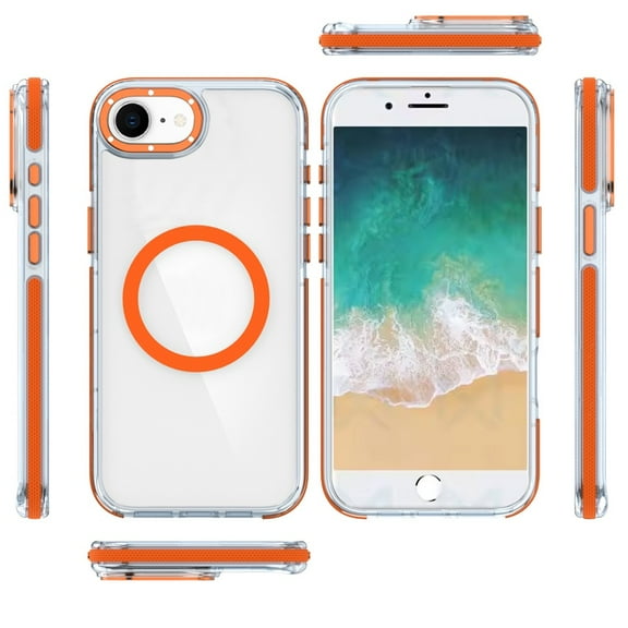 Designed for Apple iPhone SE 4 Transparent back with Colorful Frame Strong Magnetic Circle [Compatible with Magsafe] Slim Shockproof Phone Case Cover - Clear Orange
