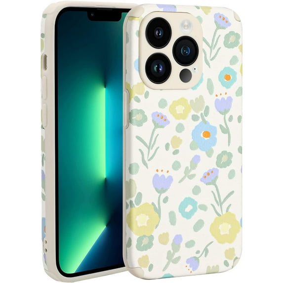 Designed Case for iPhone 13 Pro, PU Leather Grain Phone Case for iPhone 13 Pro 2021 (6.1 Inch), Cover Case for Girls Women, Little Green Flower