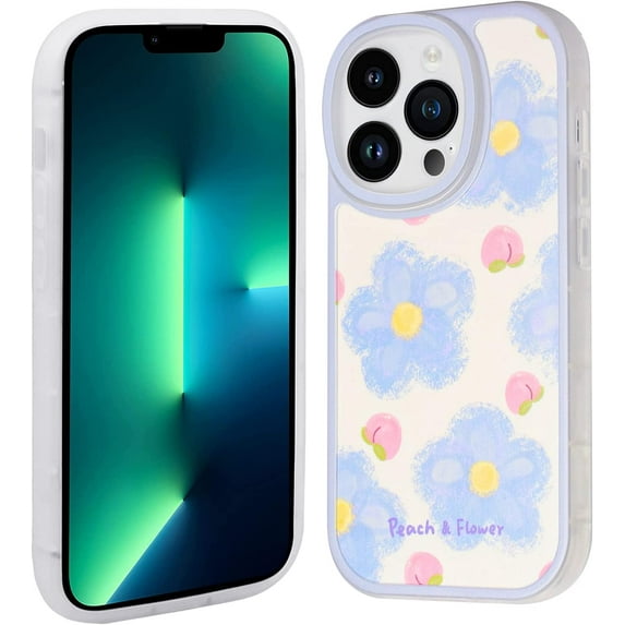 Designed Case for iPhone 13 Pro Max, TPU Phone Case for iPhone 13 Pro Max 2021 (6.7 Inch), Cover Case for Girls and Women, Blue Flowers & Pink Peaches
