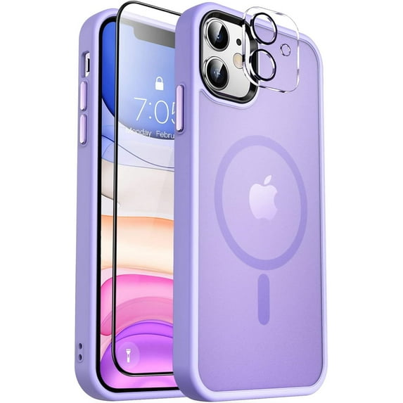 Designed For Compatible with Magsafe for Apple iPhone 12 Magnetic Case with Screen Protector+Camera Lens Glass, Heavy Duty Slim Shockproof Magnetic Case for Apple iPhone 12, Purple