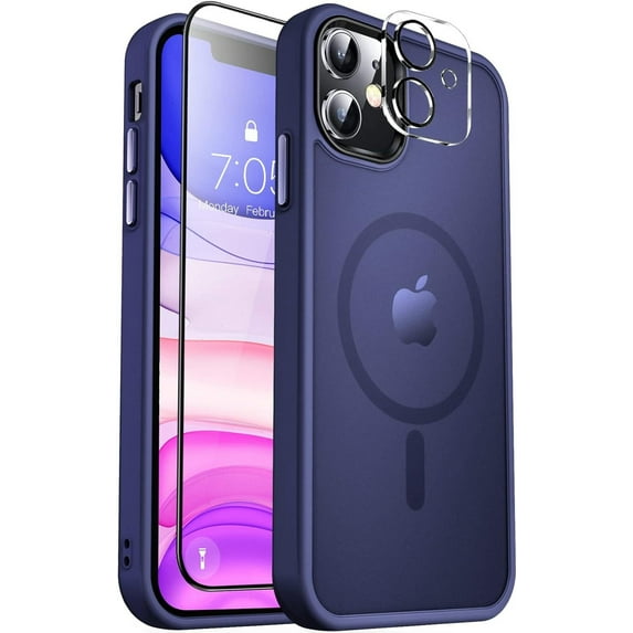 Designed For Compatible with Magsafe for Apple iPhone 12 Magnetic Case with Screen Protector+Camera Lens Glass, Heavy Duty Slim Shockproof Magnetic Case for Apple iPhone 12, Navy