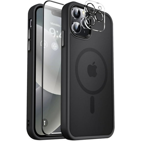 Designed For Compatible with Magsafe for Apple iPhone 12 Pro Max Magnetic Case with Screen Protector+Camera Lens Glass, Heavy Duty Slim Shockproof Magnetic Case for iPhone 12 Pro Max, Black