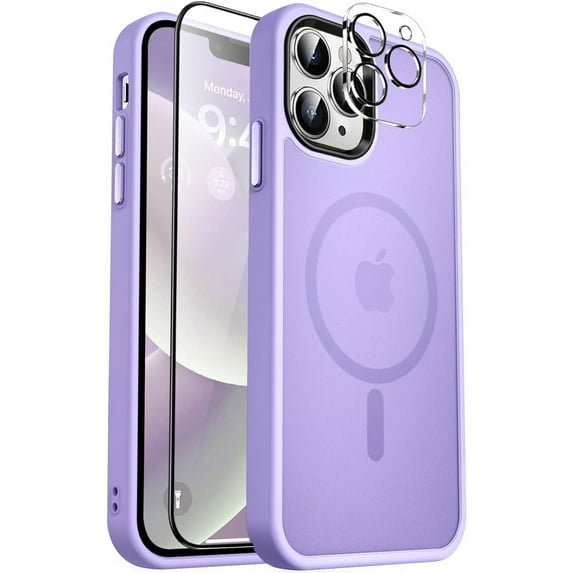 Designed For Compatible with Magsafe for Apple iPhone 12 Pro Max Magnetic Case with Screen Protector+Camera Lens Glass, Heavy Duty Slim Shockproof Magnetic Case for iPhone 12 Pro Max, Purple
