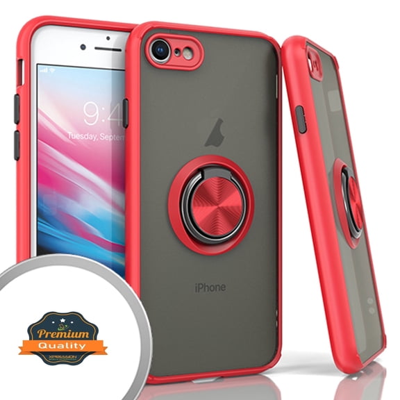 Entronix Shockproof Matte Case Designed for iPhone 7/8, Shockproof Rotating Holder Ring, Red