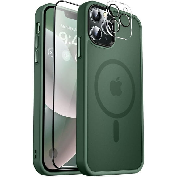 Designed For Compatible with Magsafe for Apple iPhone 12 Pro Max Magnetic Case with Screen Protector+Camera Lens Glass, Heavy Duty Slim Shockproof Magnetic Case for iPhone 12 Pro Max, Green