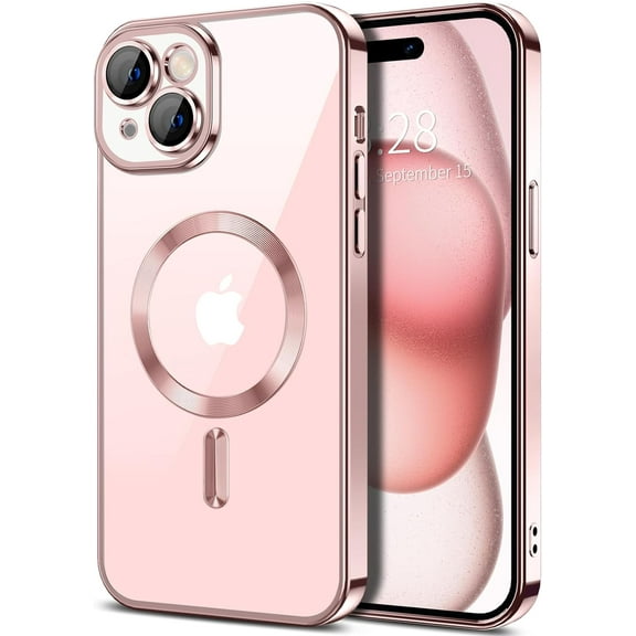 Designed For iPhone 15 Plus Silicone Chrome Magnetic Case [Yellow Resistant] Soft Back Cover, Clear Magnetic Case Compatible with Magsafe Shockproof Protective Phone Case for 15 6.7 Inch, Rose Gold
