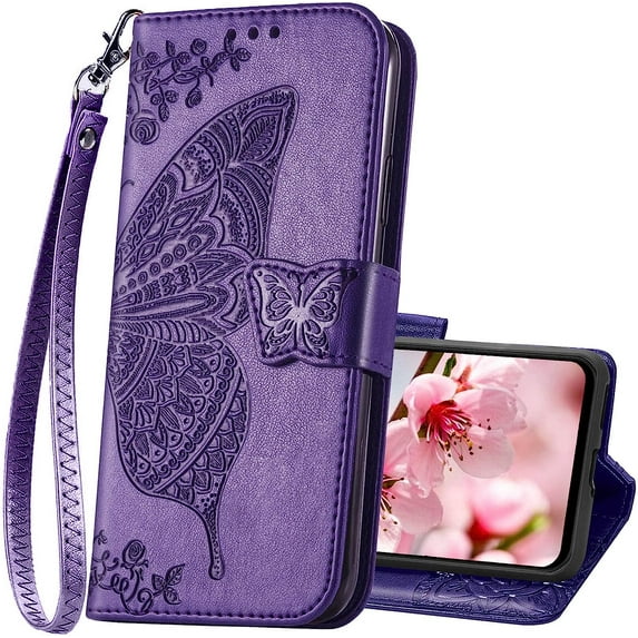 Designed for Galaxy A14 5G Phone Case Wallet,Women Flip Folio Cover with Credit Card Holders Butterfly Embossed PU Leather Kickstand Wrist Strap Purse Case for Samsung A14 5G 6.6 inch (Purple)
