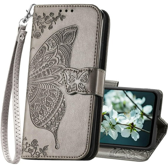 Designed for Galaxy A14 5G Phone Case Wallet,Women Flip Folio Cover with Credit Card Holders Butterfly Embossed PU Leather Kickstand Wrist Strap Purse Case for Samsung A14 5G 6.6 inch (Gray)