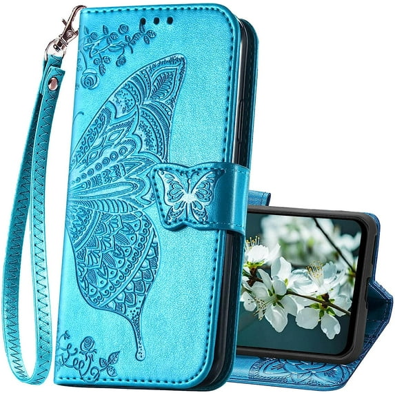 Designed for Galaxy A14 5G Phone Case Wallet,Women Flip Folio Cover with Credit Card Holders Butterfly Embossed PU Leather Kickstand Wrist Strap Purse Case for Samsung A14 5G 6.6 inch (Blue)